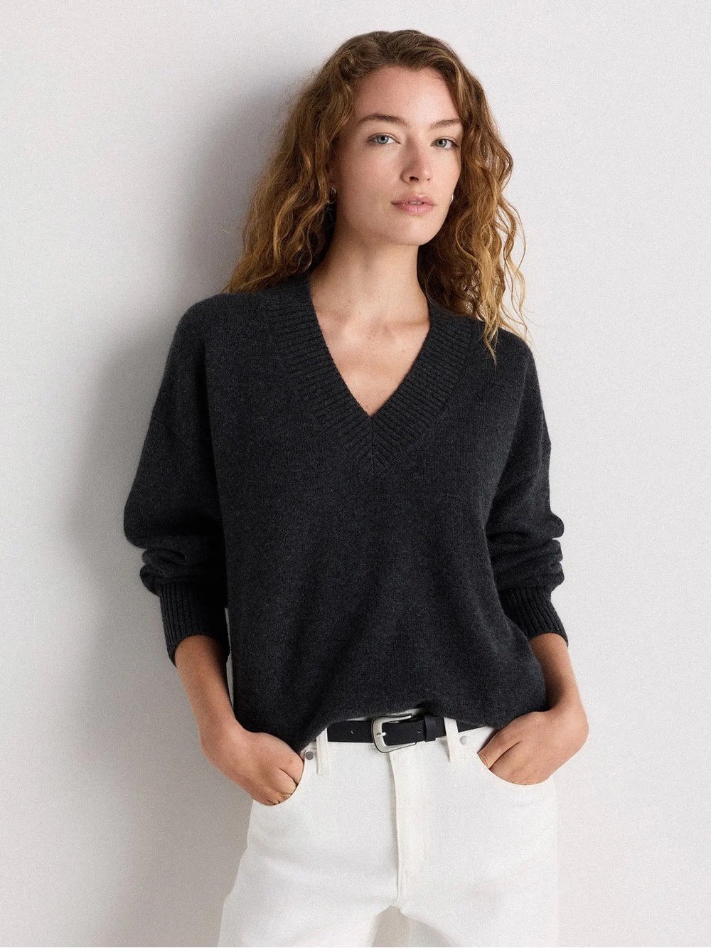 Quince Womens Medium Heather Charcoal 100% Cashmere Oversized V Neck Sweater NWT